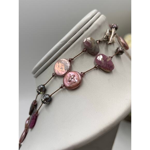 Margo Morrison Raw Ruby Crystallized Gray Pearl Pink Pearl Swarovski Necklace - Picture 6 of 8